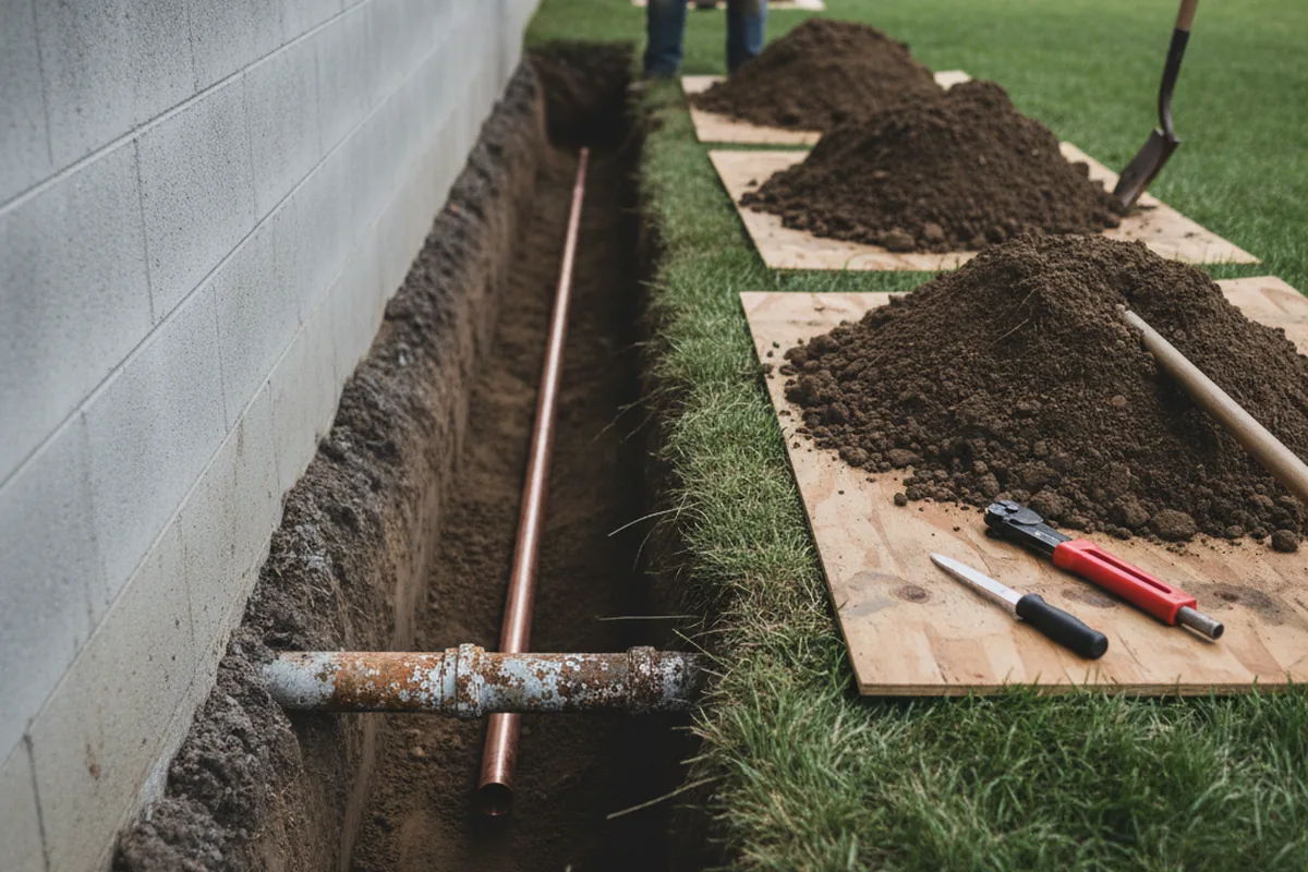 Excavated water line trench during Sewer Line Repair in Granada Hills